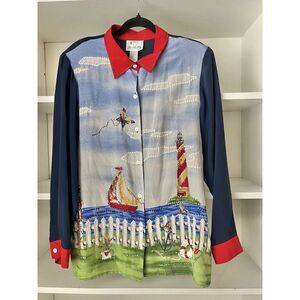 Vintage 90s Quacker Factory Sequined Lighthouse Sailboat Silk Blouse‎ Coastal